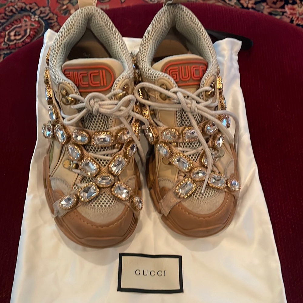 Gucci Beige/Grey Leather And Mesh Flashtrek Removable Crystals Sneaker